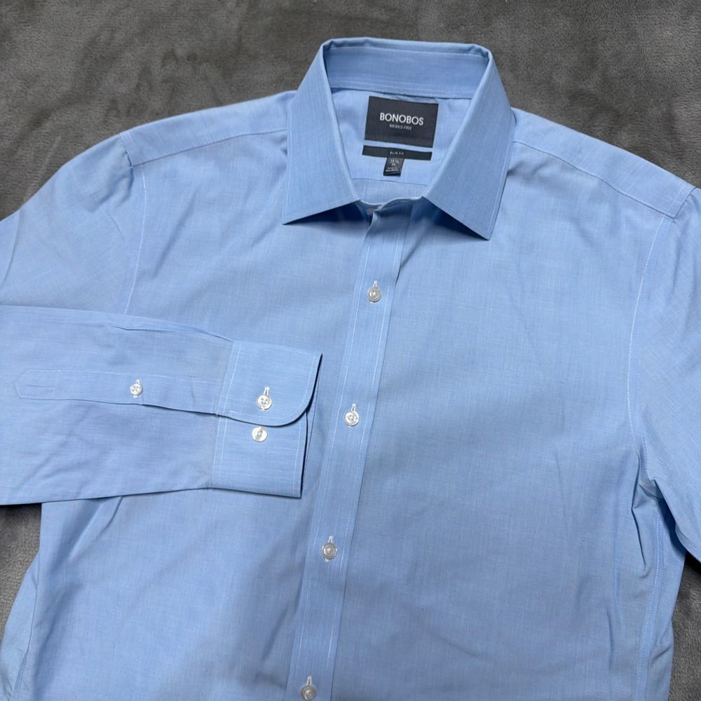 Bonobos Wrinkle-Free Dress Shirt Mens 15.5 34 Blue Slim Fit Cotton Business Work